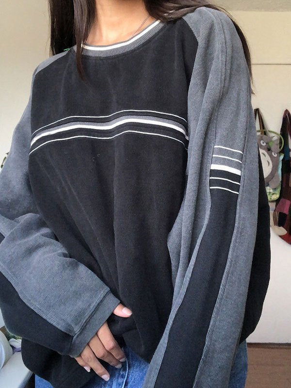 BLACK AND GRAY STRIPED SWEATSHIRT CASUAL LOOSE FIT LONG