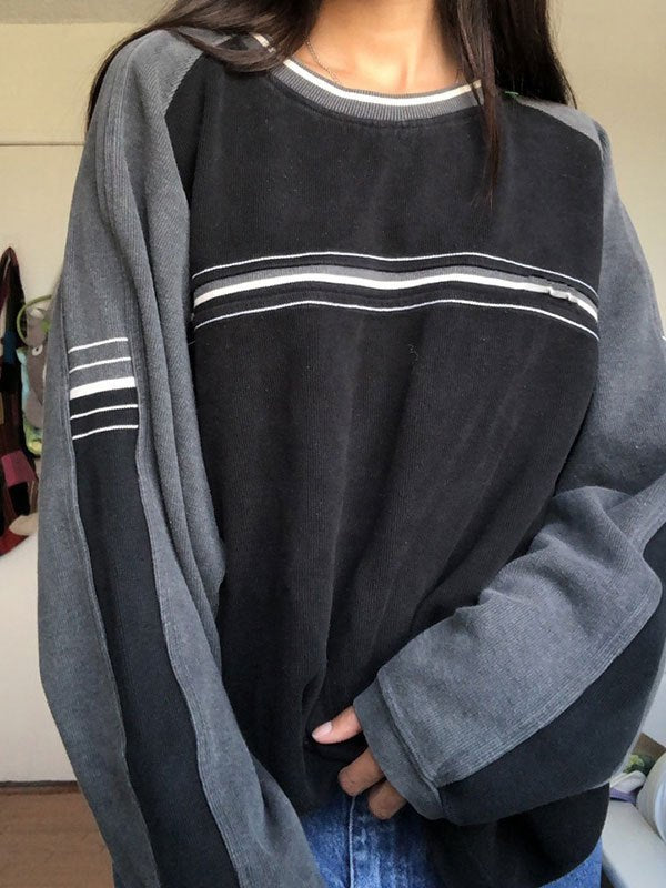 BLACK AND GRAY STRIPED SWEATSHIRT CASUAL LOOSE FIT LONG