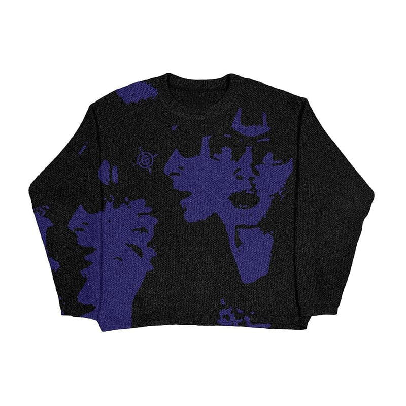 BLACK AND PURPLE GRAPHIC KNIT SWEATER WITH CLEAR VISION KEYWORDS