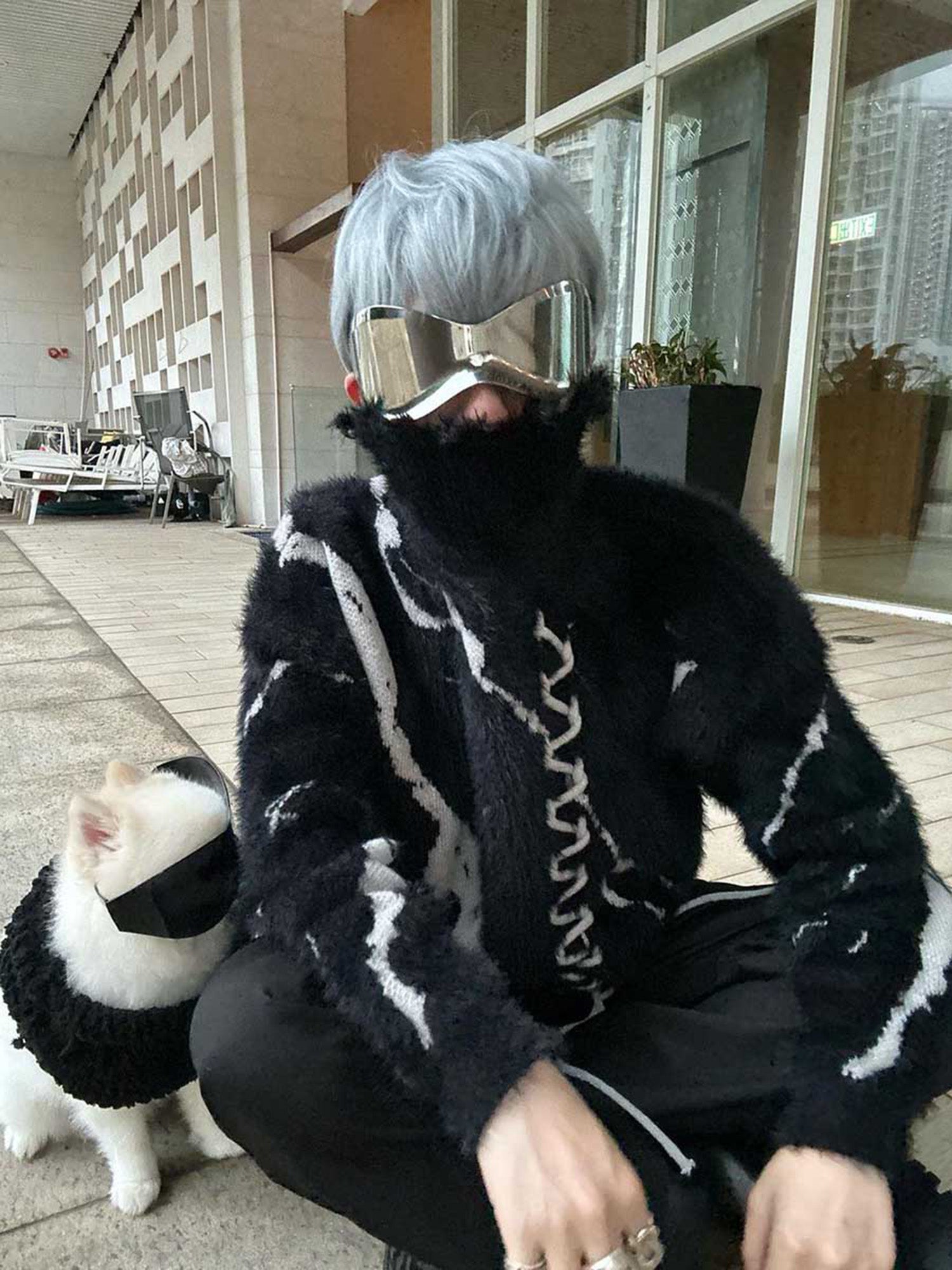 BLACK AND WHITE DISTRESSED KNIT SWEATER WITH LACE-UP DETAIL LONG SLEEVE