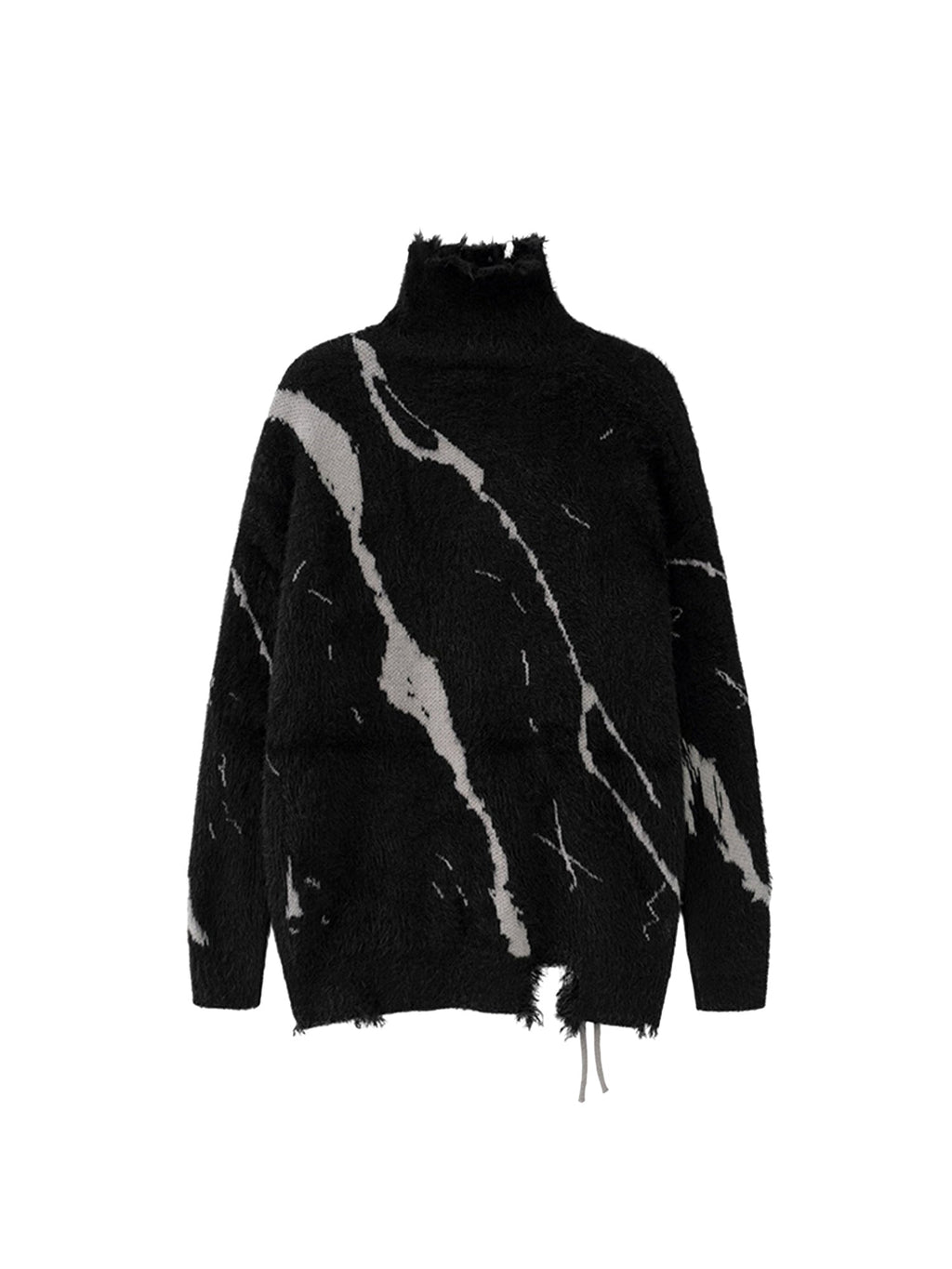 BLACK AND WHITE DISTRESSED KNIT SWEATER WITH LACE-UP DETAIL LONG SLEEVE