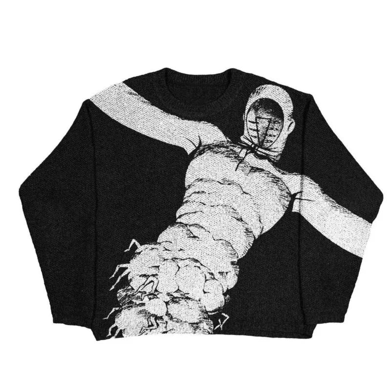 BLACK AND WHITE GRAPHIC SWEATER Y2K OVERSIZED VINTAGE KNITTED STYLE