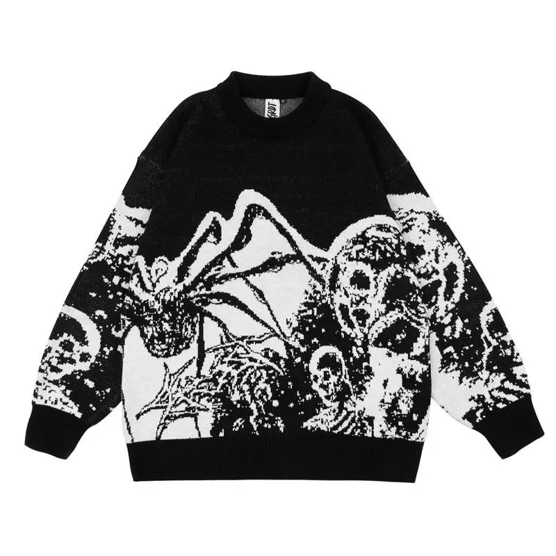 BLACK AND WHITE GRAPHIC SWEATER Y2K OVERSIZED VINTAGE KNITTED STYLE