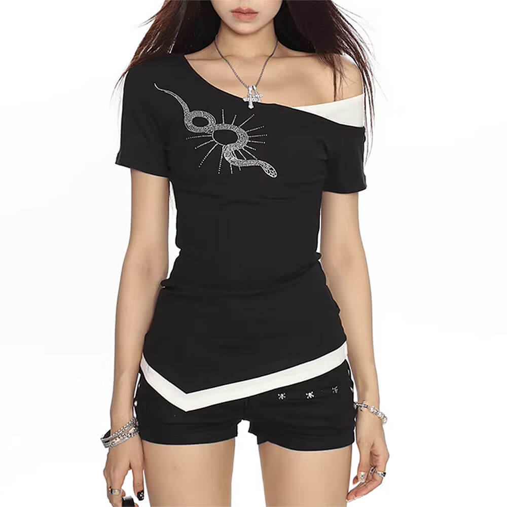 BLACK AND WHITE OFF-SHOULDER TOP AND SHORTS SET FOR WOMEN