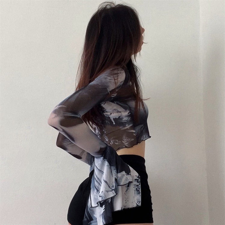 BLACK AND WHITE PATTERNED MESH CROP TOP WITH BELL SLEEVES