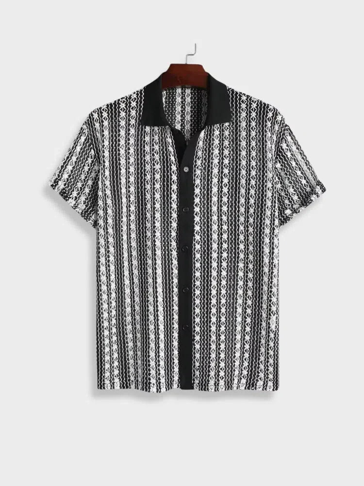 BLACK AND WHITE PATTERNED SHORT-SLEEVED SHIRT FOR MEN’S FASHION