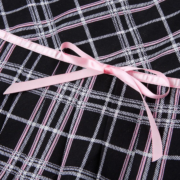 BLACK AND WHITE PLAID PLEATED SKIRT WITH PINK RIBBON FOR WOMEN