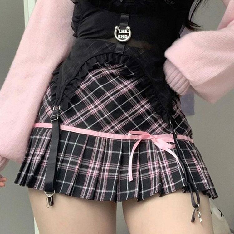 BLACK AND WHITE PLAID PLEATED SKIRT WITH PINK RIBBON FOR WOMEN