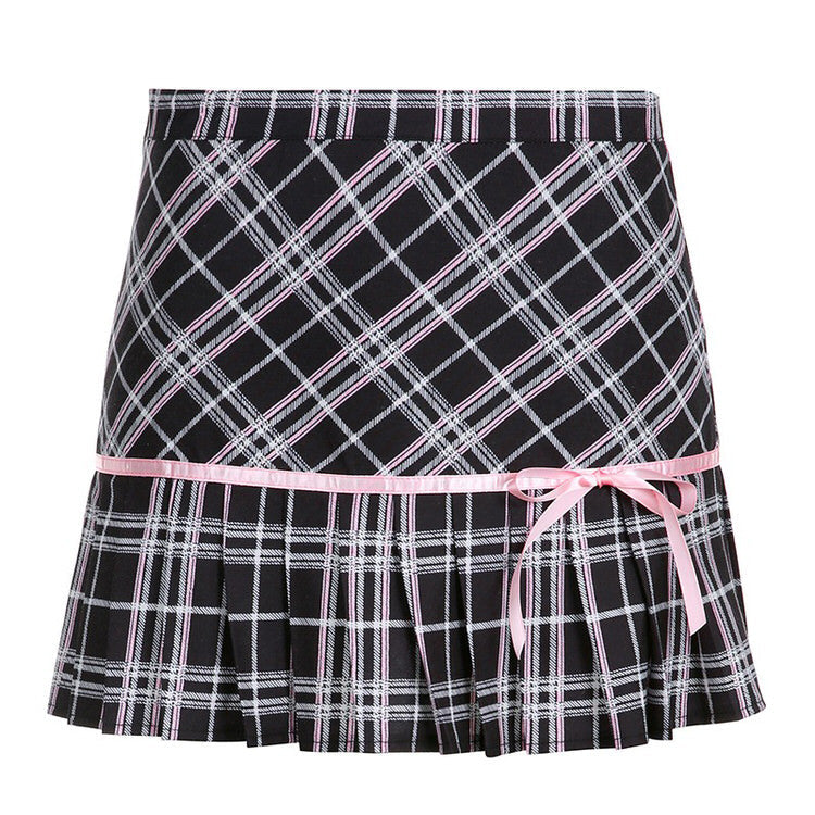 BLACK AND WHITE PLAID PLEATED SKIRT WITH PINK RIBBON FOR WOMEN