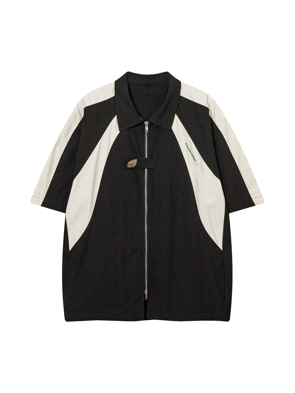 BLACK AND WHITE SHORT-SLEEVED ZIP-UP SHIRT RETRO RACING COMFORT