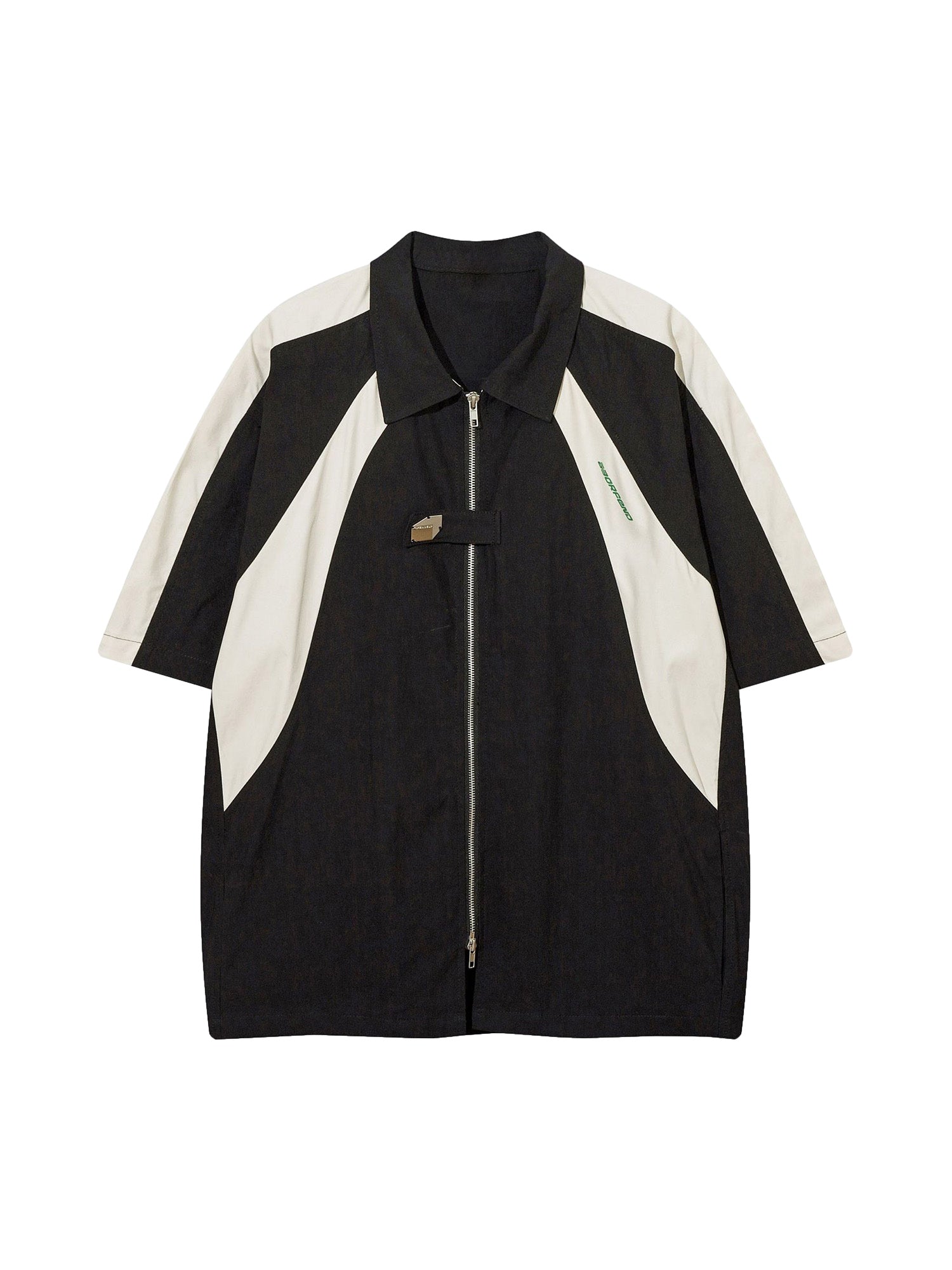 BLACK AND WHITE SHORT-SLEEVED ZIP-UP SHIRT RETRO RACING COMFORT