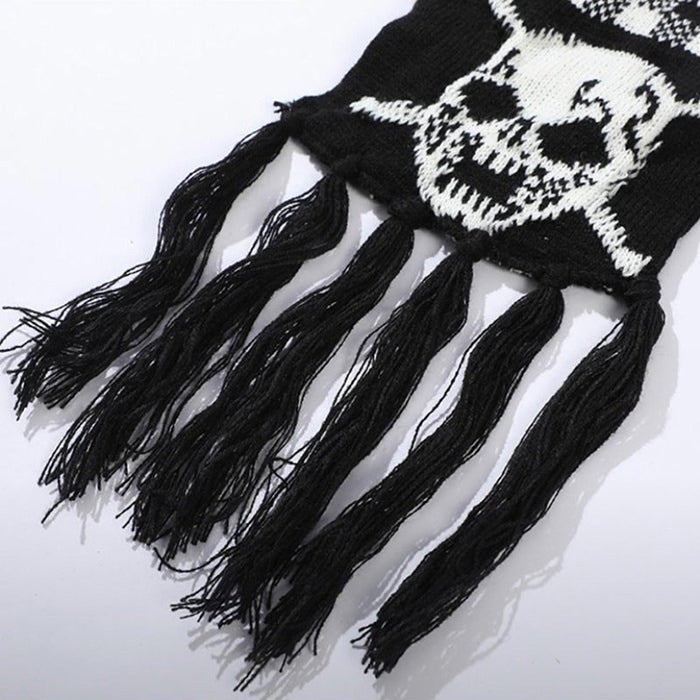 BLACK AND WHITE SKULL FRINGE SCARF FASHION ACCESSORY