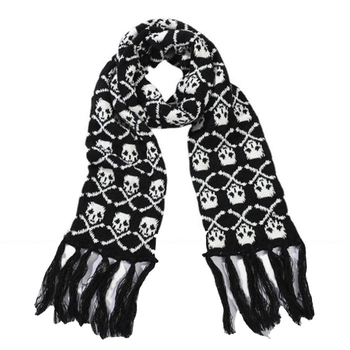 BLACK AND WHITE SKULL FRINGE SCARF FASHION ACCESSORY