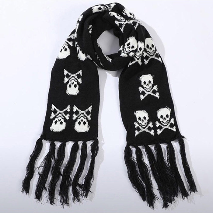 BLACK AND WHITE SKULL FRINGE SCARF FASHION ACCESSORY