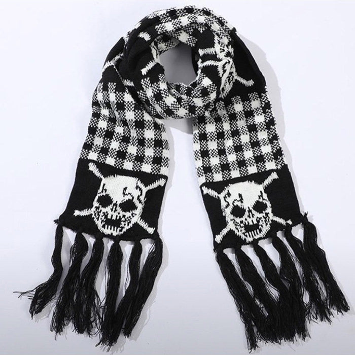 BLACK AND WHITE SKULL FRINGE SCARF FASHION ACCESSORY