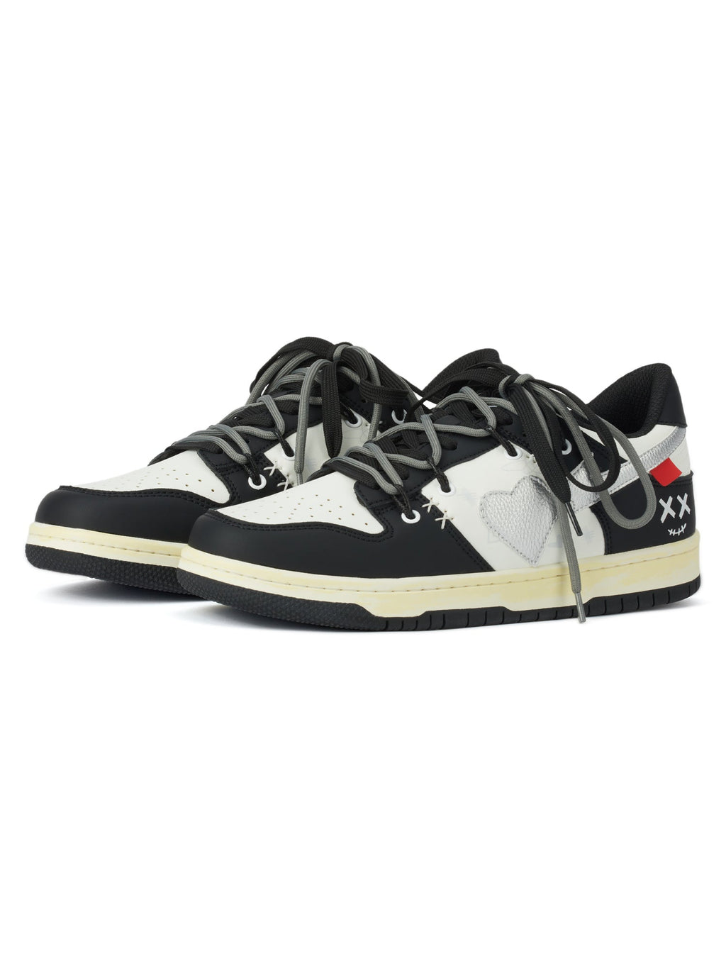 BLACK AND WHITE SNEAKERS WITH HEART DETAIL STREET LOVE PATCHWORK
