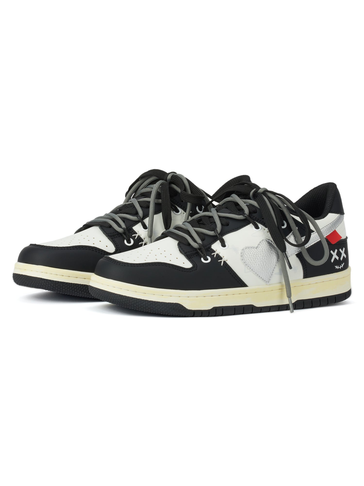 BLACK AND WHITE SNEAKERS WITH HEART DETAIL STREET LOVE PATCHWORK