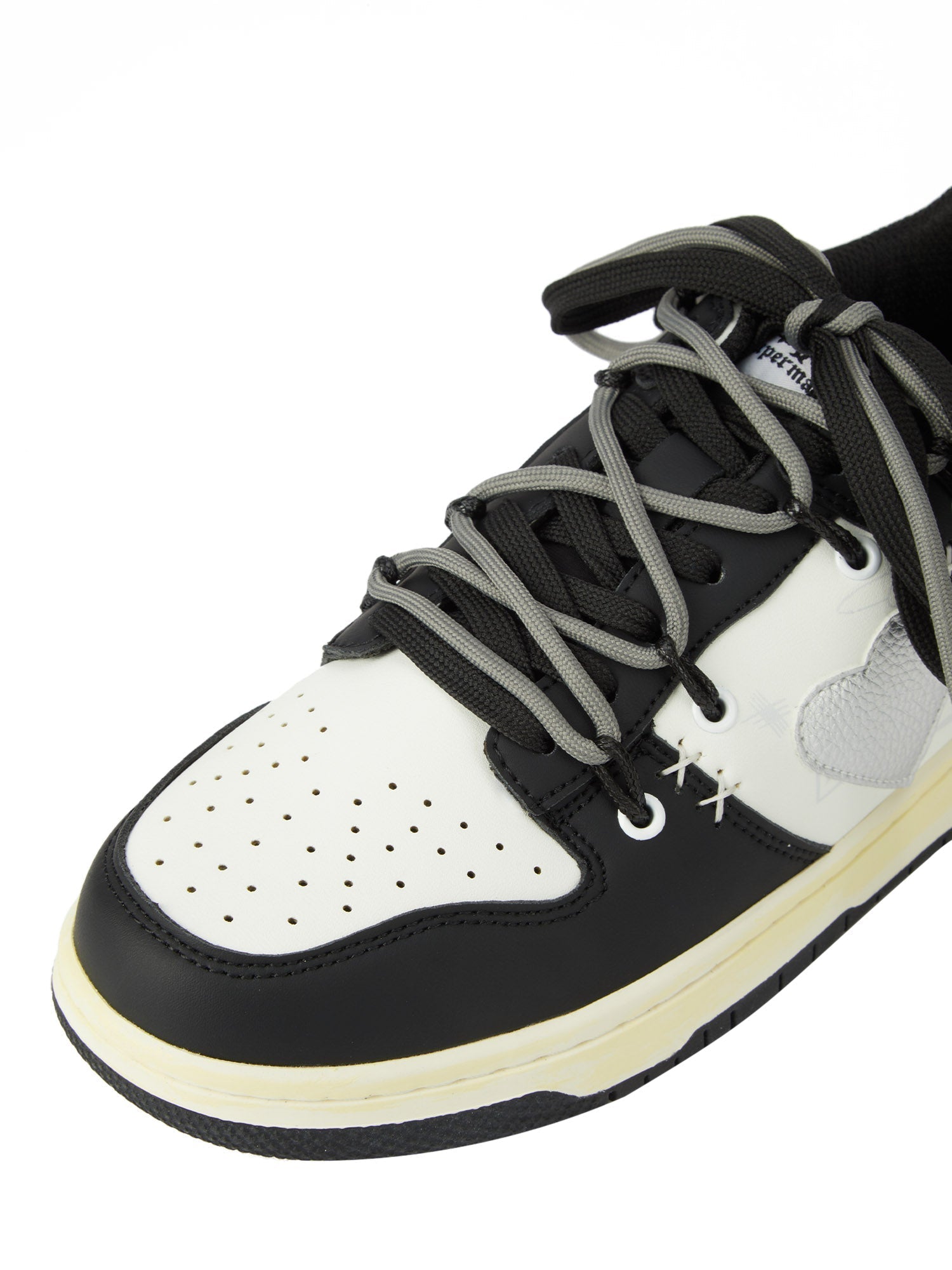 BLACK AND WHITE SNEAKERS WITH HEART DETAIL STREET LOVE PATCHWORK