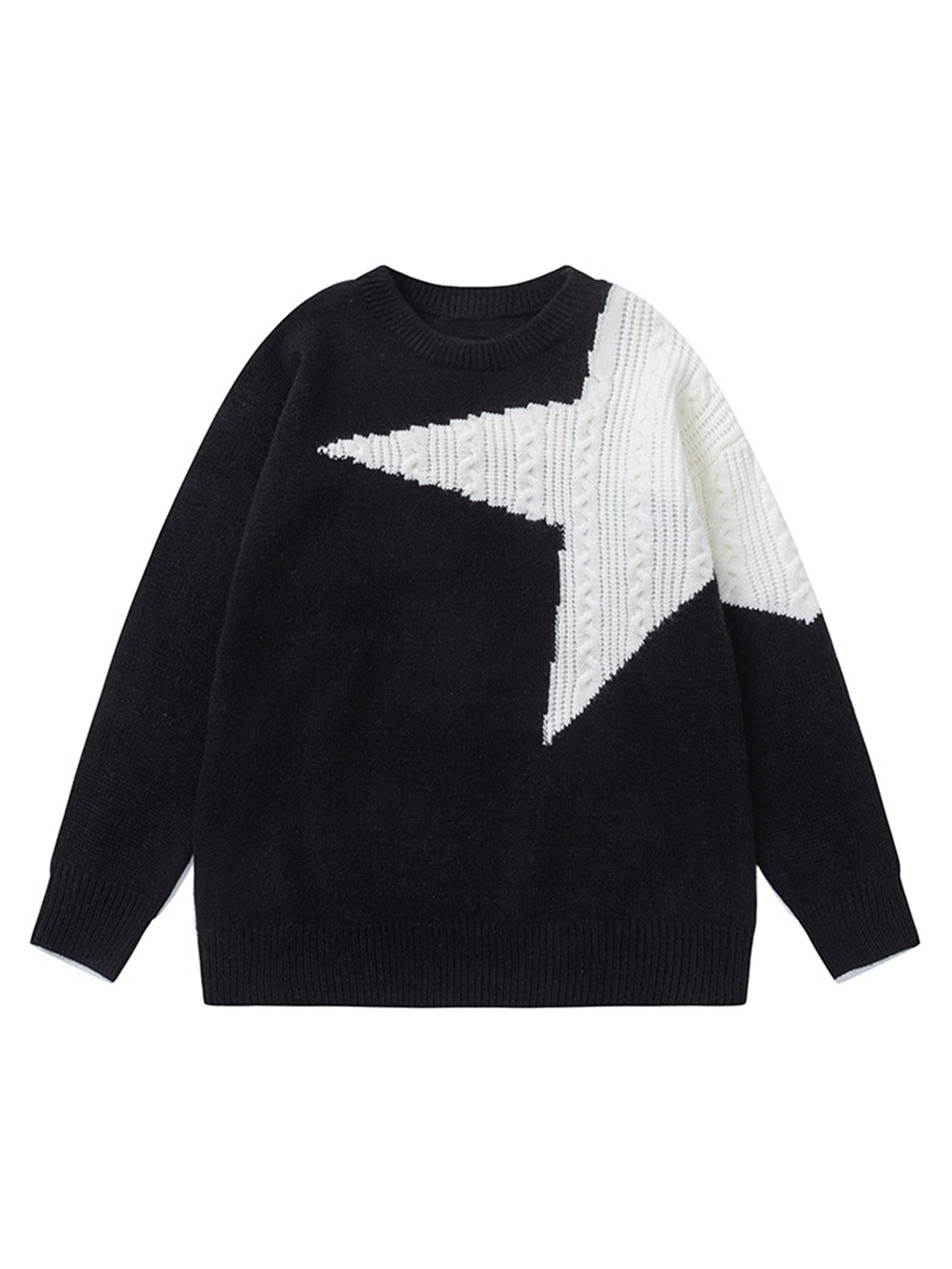 BLACK AND WHITE STAR SWEATER WITH LONG SLEEVE AND ROUND COLLAR