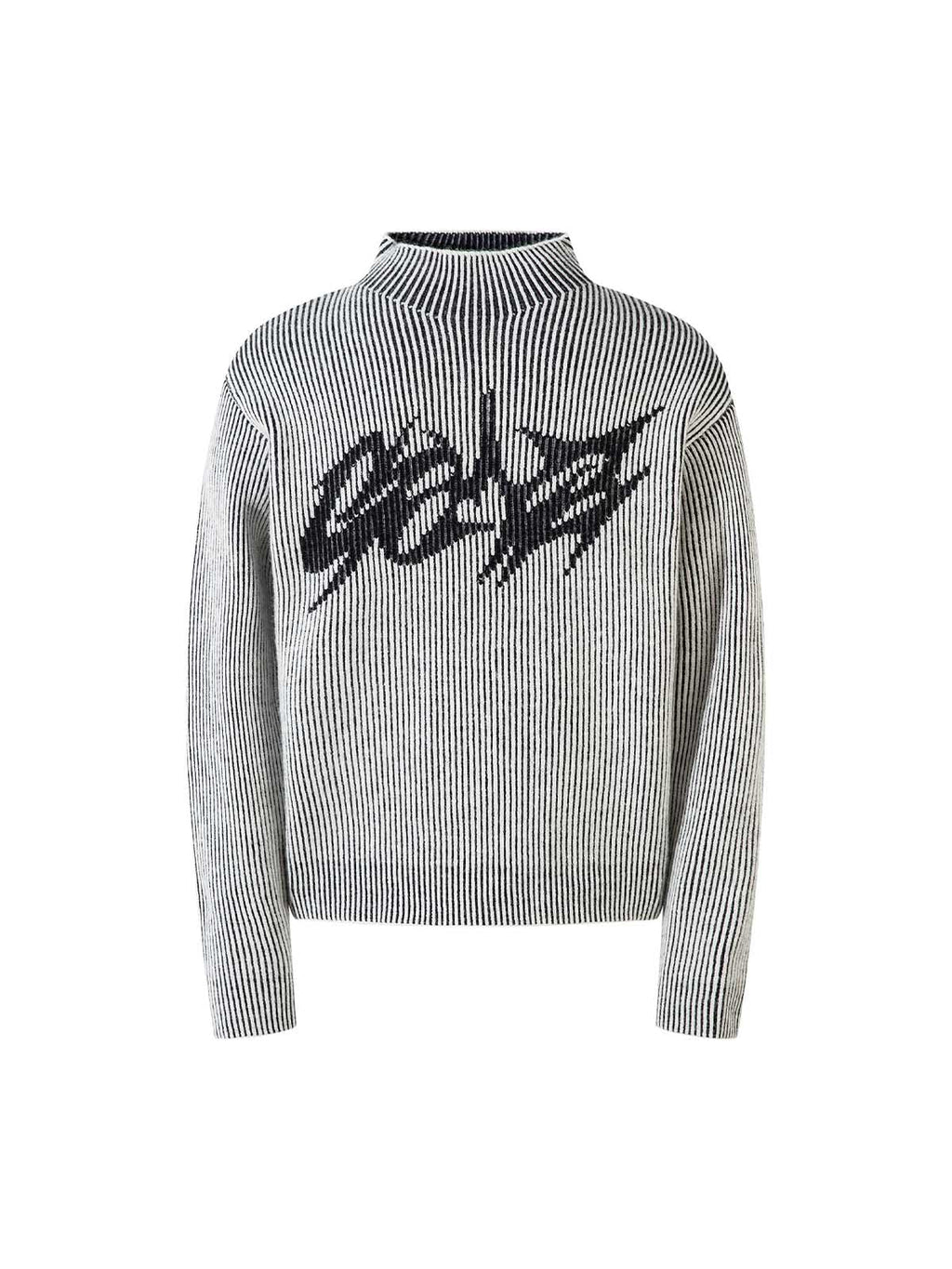 BLACK AND WHITE STRIPED SWEATER WITH GRAY PATTERN REVERSIBLE DOUBLE-SIDED