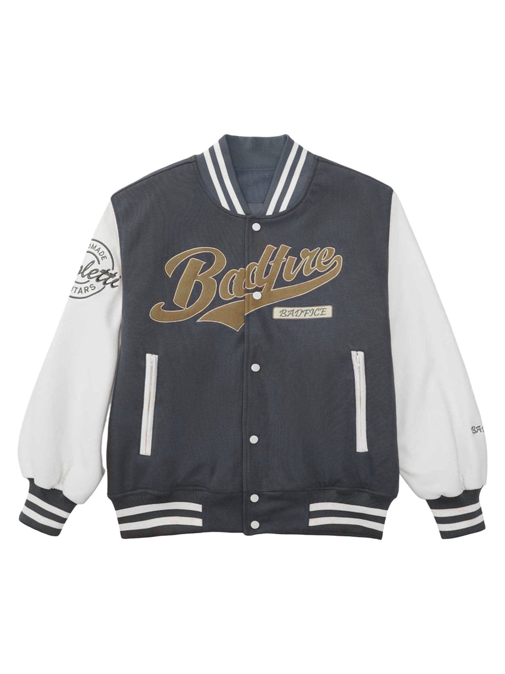 BLACK AND WHITE VARSITY JACKET WITH BASEBALL COLLAR, TRENDY LONG SLEEVE