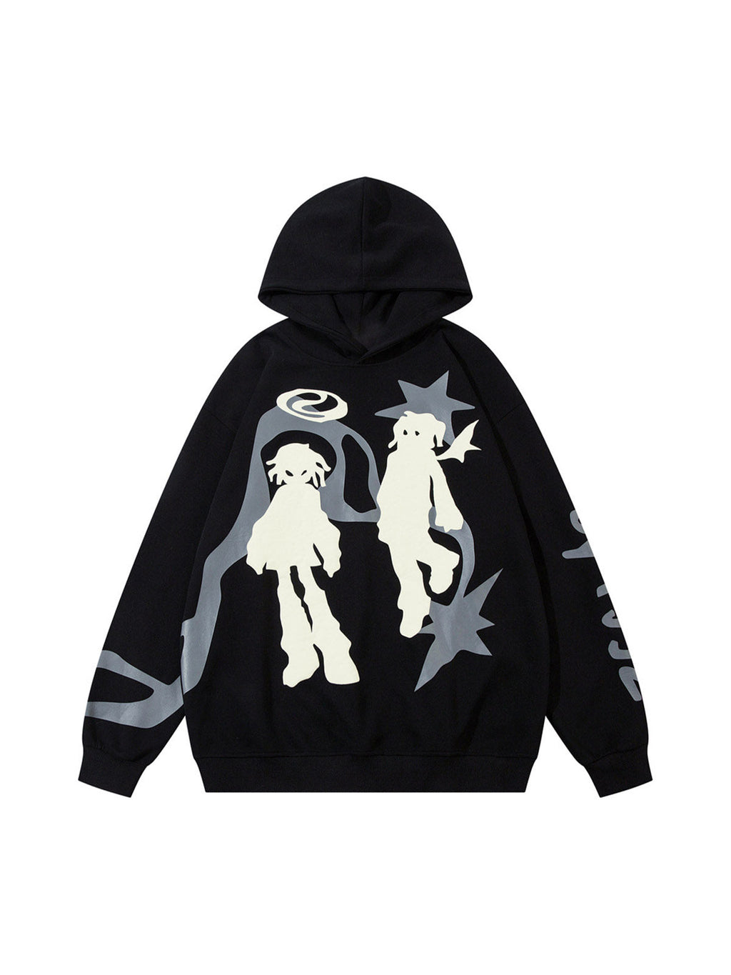 BLACK ANGEL GRAPHIC HOODED TERRY CLOTH PULLOVER