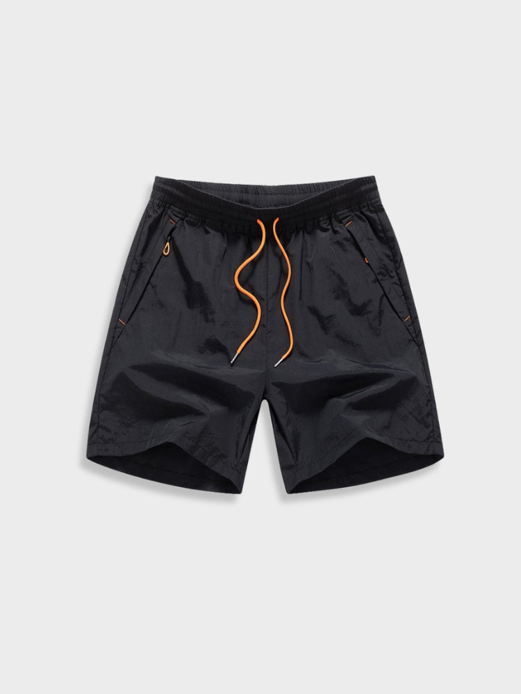 BLACK ATHLETIC SHORTS WITH ORANGE DRAWSTRING FOR ACTIVE WEAR