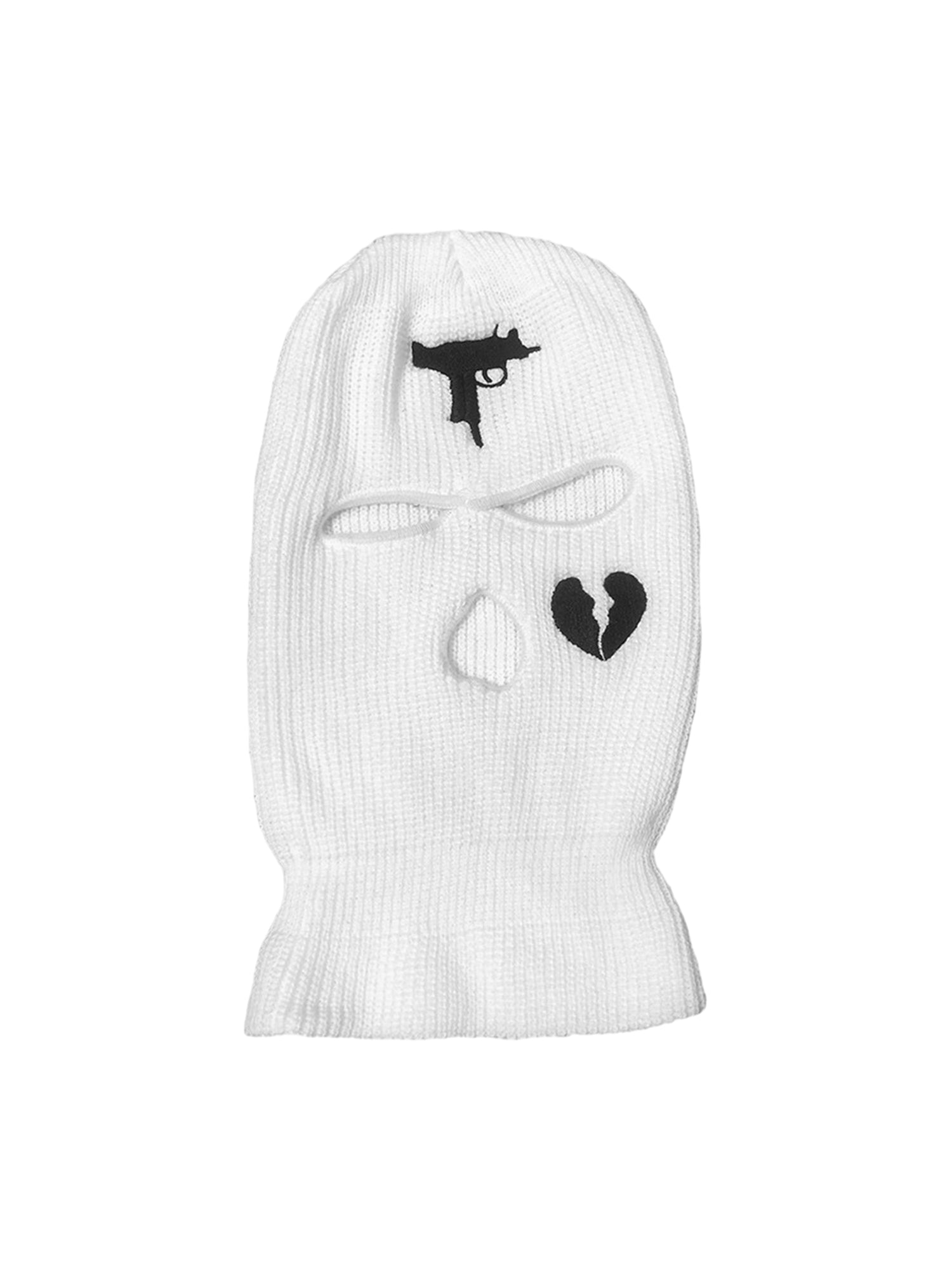 BLACK BALACLAVA WITH BROKEN HEART DETAILS AND GUN DESIGN