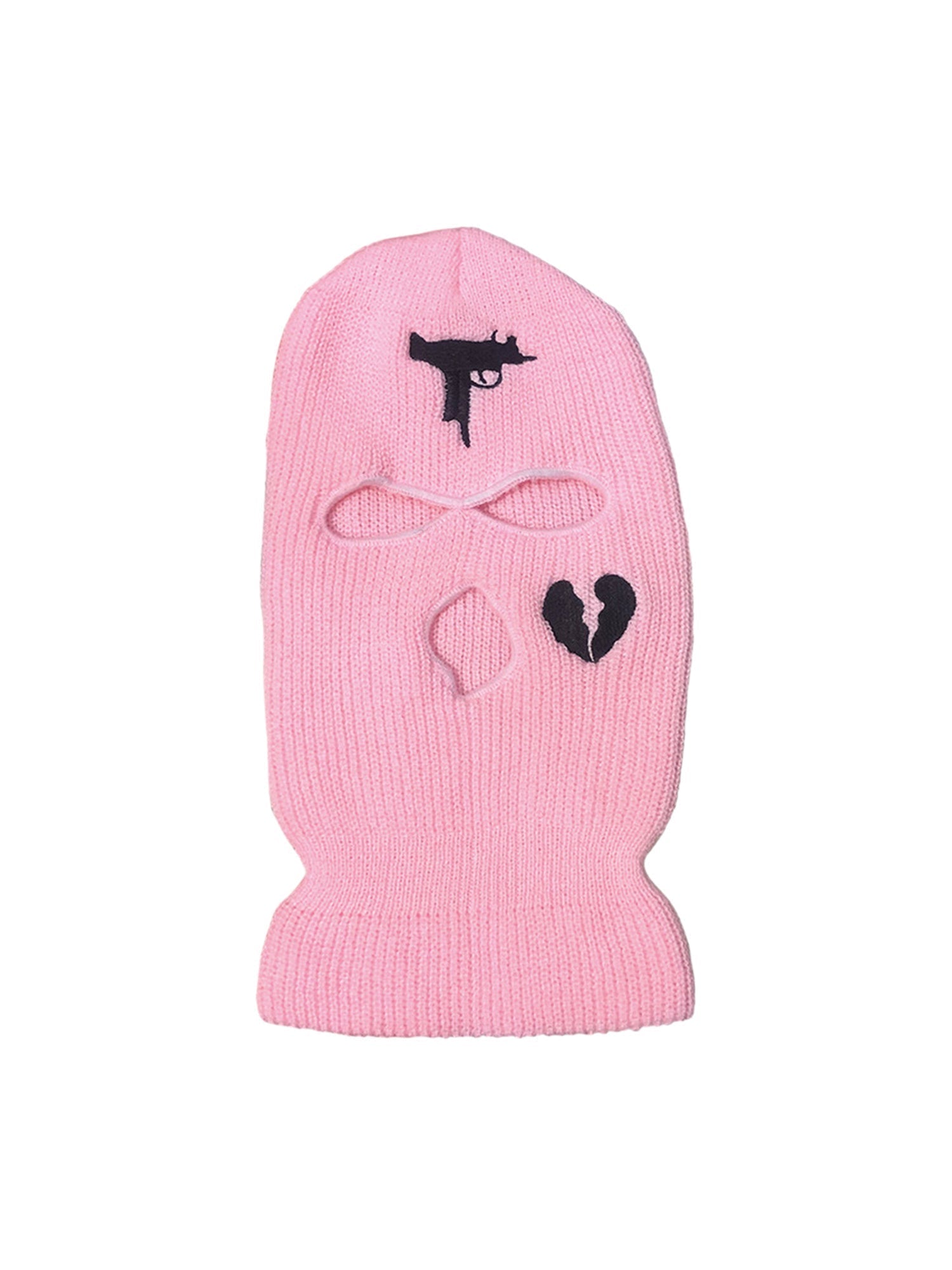 BLACK BALACLAVA WITH BROKEN HEART DETAILS AND GUN DESIGN
