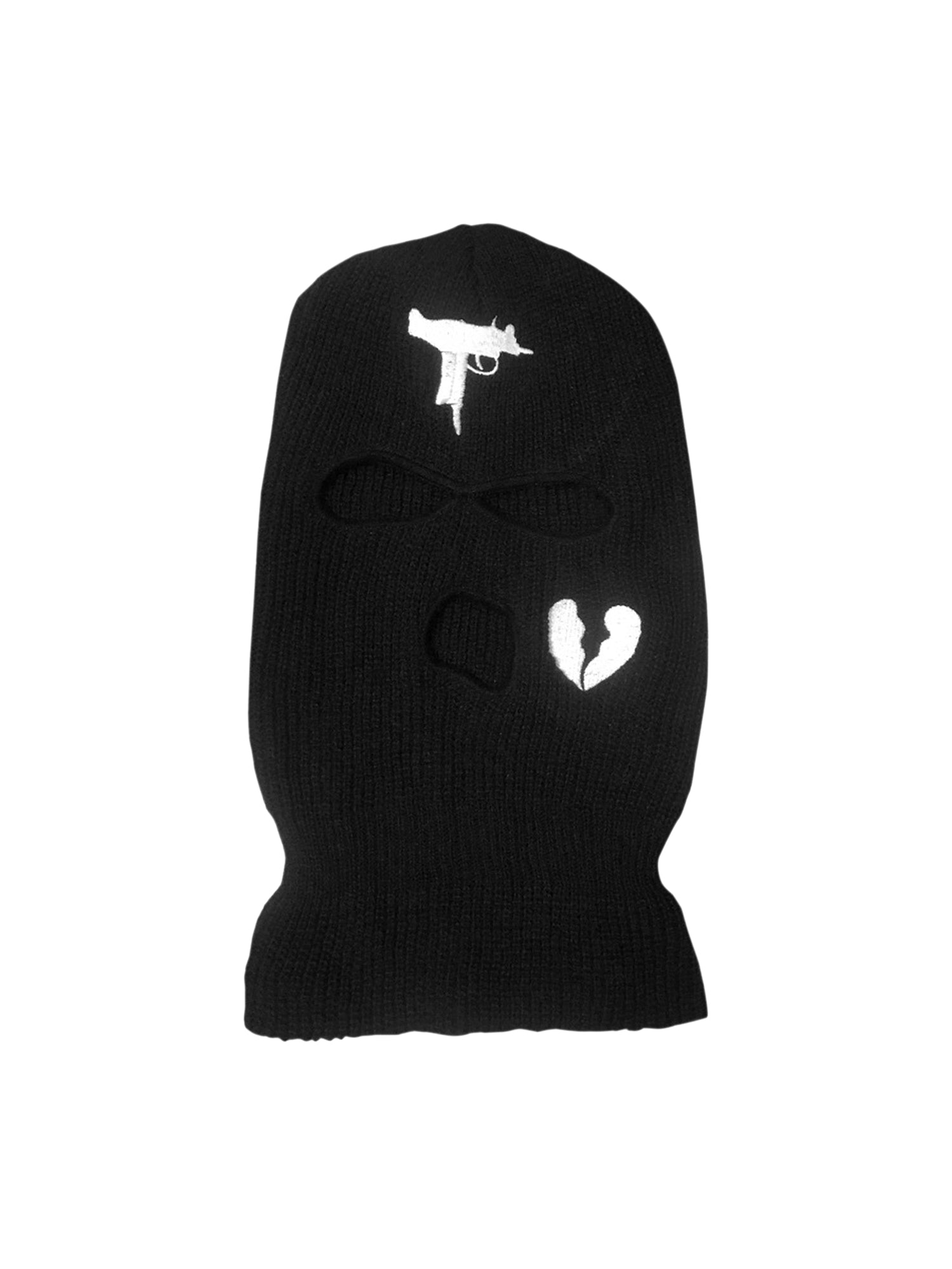 BLACK BALACLAVA WITH BROKEN HEART DETAILS AND GUN DESIGN