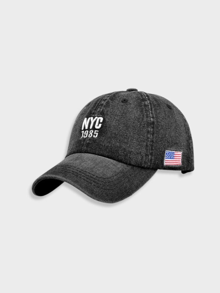 BLACK BASEBALL CAP WITH AMERICAN FLAG - NYC DENIM CAP