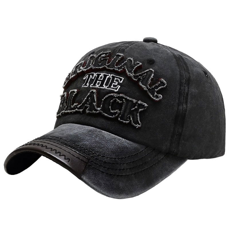BLACK BASEBALL CAP WITH EMBROIDERED TEXT