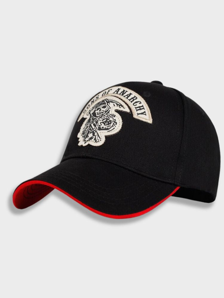 BLACK BASEBALL CAP WITH GRIM REAPER DESIGN ADJUSTABLE CAP EMBROIDERED LOGO