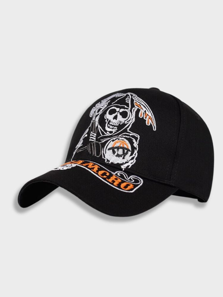 BLACK BASEBALL CAP WITH GRIM REAPER DESIGN ADJUSTABLE CAP EMBROIDERED LOGO