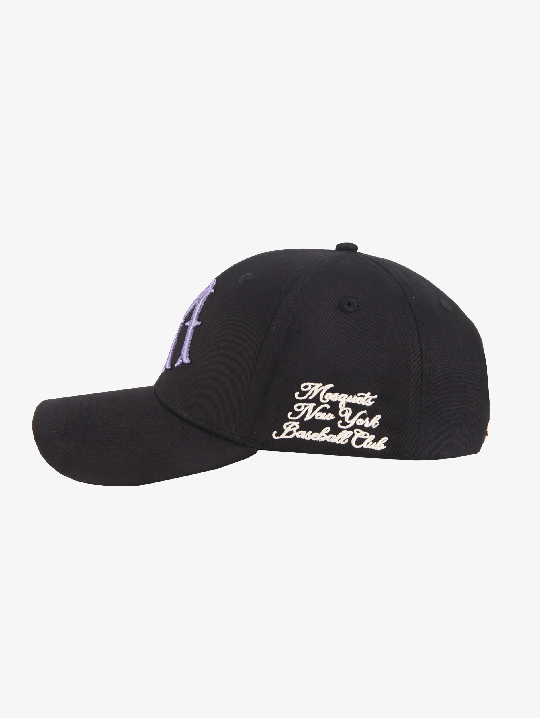 BLACK BASEBALL CAP WITH LAVENDER MONOGRAM AND TWILL BLUE EMBROIDERY