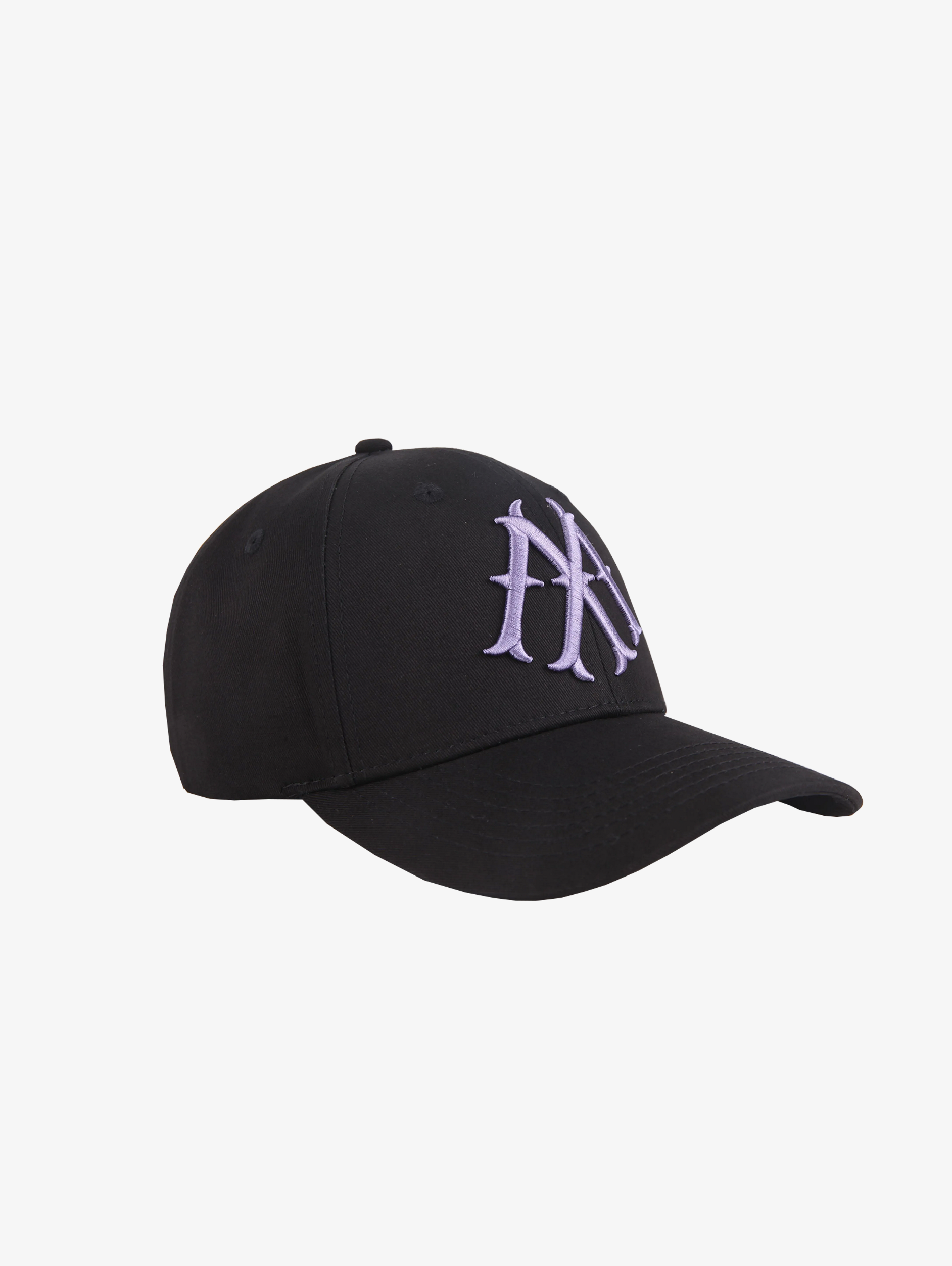 BLACK BASEBALL CAP WITH LAVENDER MONOGRAM AND TWILL BLUE EMBROIDERY