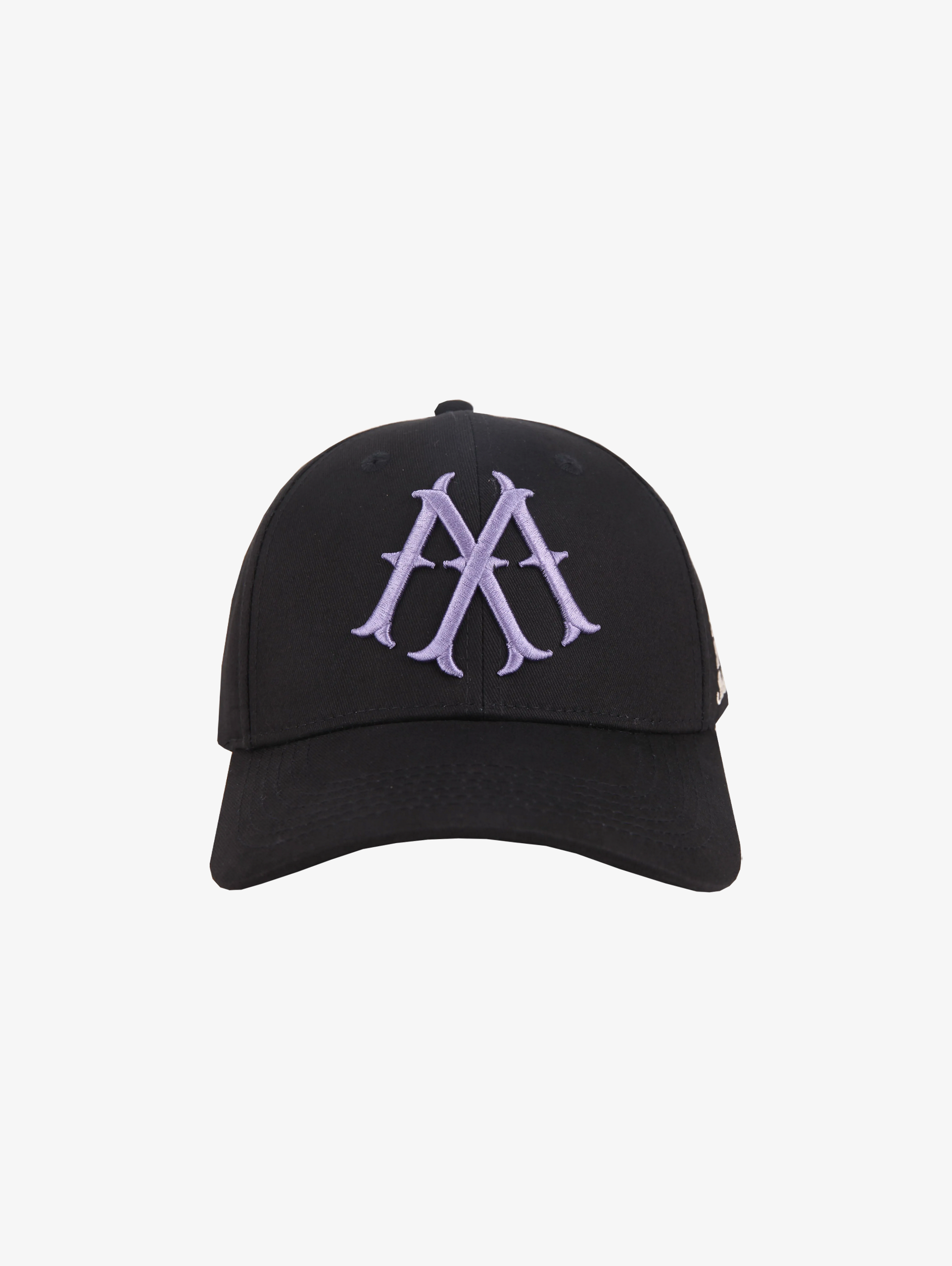 BLACK BASEBALL CAP WITH LAVENDER MONOGRAM AND TWILL BLUE EMBROIDERY