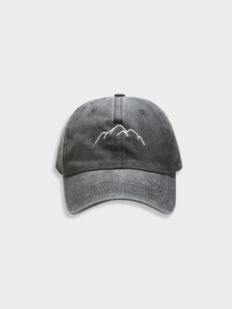 BLACK BASEBALL CAP WITH MOUNTAIN DESIGN - OUTDOOR HEADWEAR ACCESSORY
