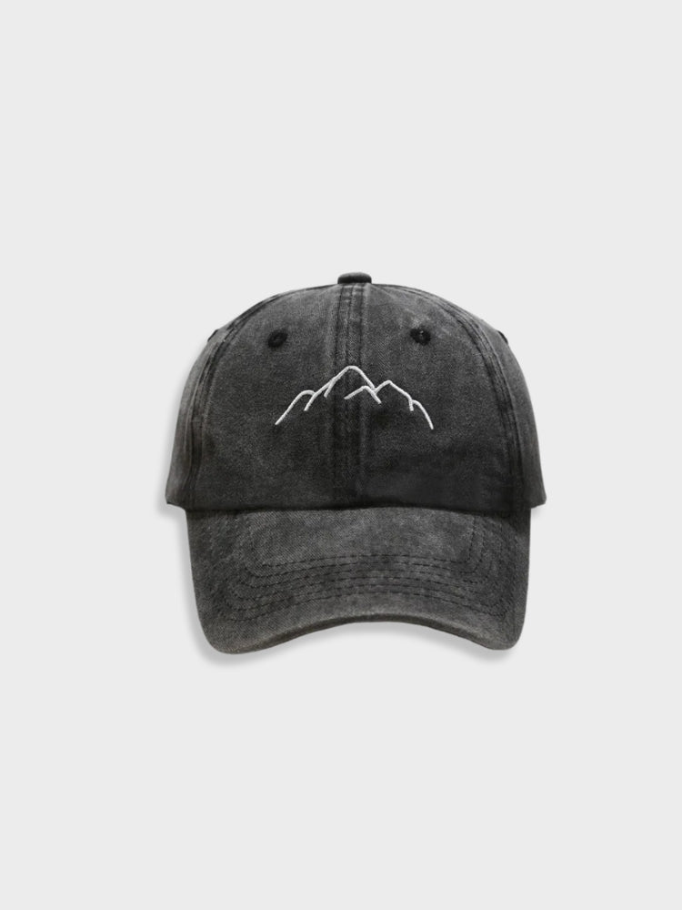 BLACK BASEBALL CAP WITH MOUNTAIN DESIGN - OUTDOOR HEADWEAR ACCESSORY