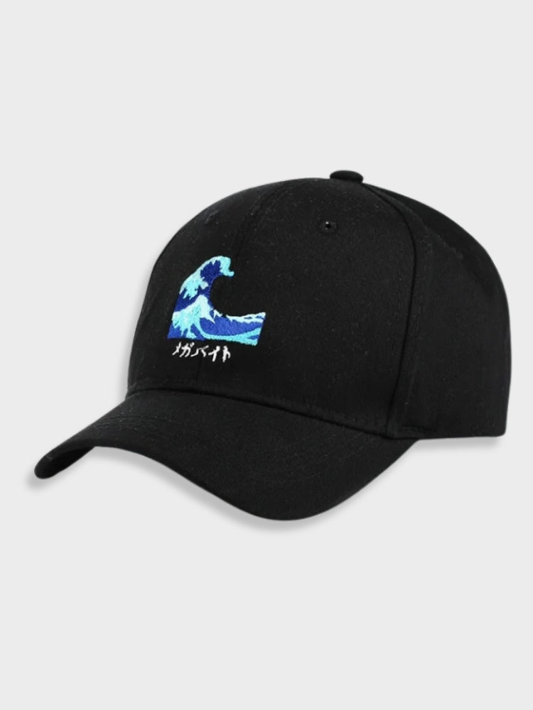 BLACK BASEBALL CAP WITH WAVE DESIGN - JAPANESE SEA WAVE INSPIRED