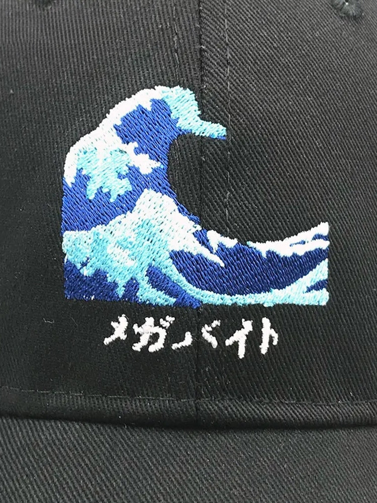 BLACK BASEBALL CAP WITH WAVE DESIGN - JAPANESE SEA WAVE INSPIRED