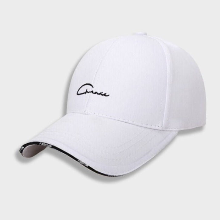 BLACK BASEBALL CAP WITH WHITE SCRIPT - ADJUSTABLE FIT, CASUAL HEADWEAR