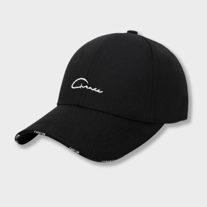 BLACK BASEBALL CAP WITH WHITE SCRIPT - ADJUSTABLE FIT, CASUAL HEADWEAR