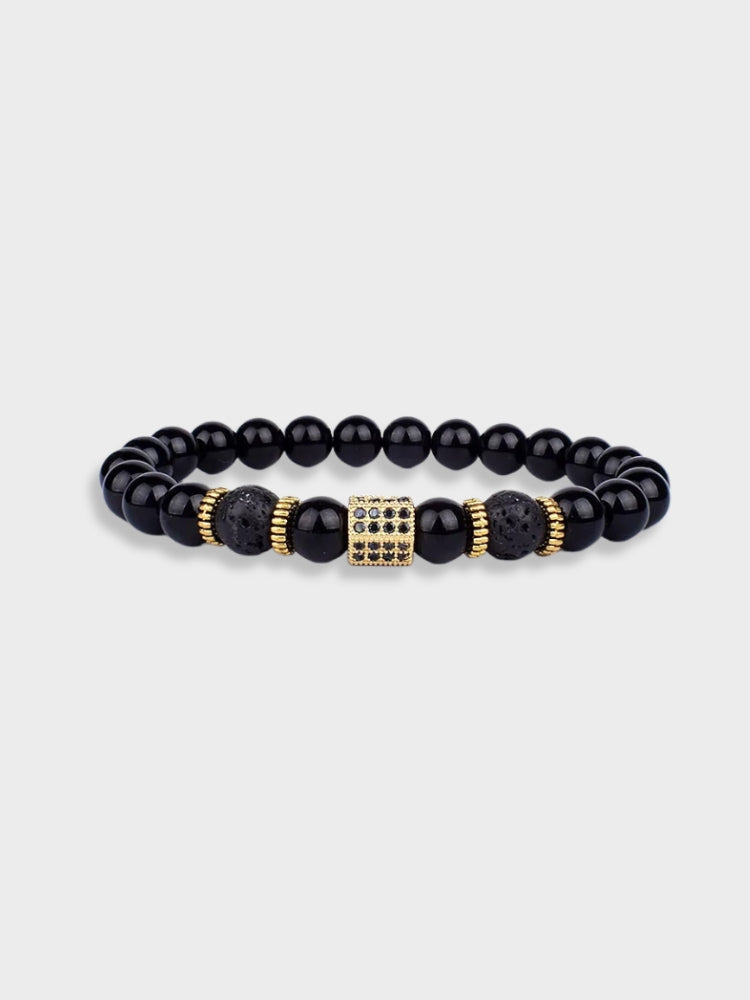 BLACK BEADED BRACELET WITH GOLD ACCENTS - NATURE STONE BRACELET