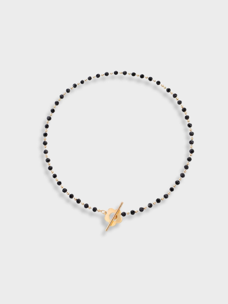 BLACK BEADED SILVER NECKLACE WITH DELICATE FLOWERS DESIGN