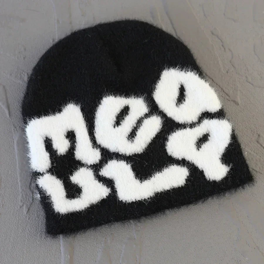 BLACK BEANIE WITH WHITE LETTERING - ROYAL BLUE SKY ACCENT