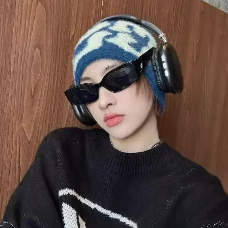 BLACK BEANIE WITH WHITE LETTERING - ROYAL BLUE SKY ACCENT