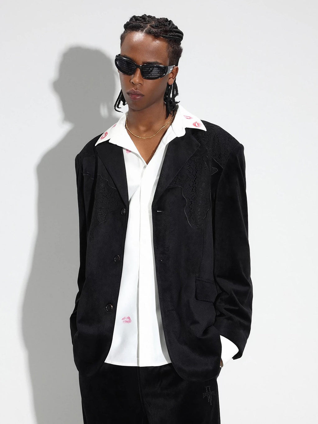 BLACK BLAZER WITH DECORATIVE TRIM - LOGO VELVET SUIT