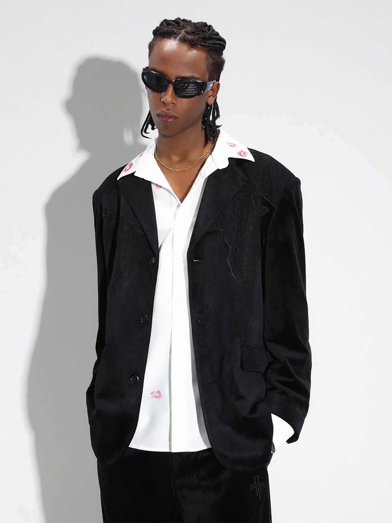 BLACK BLAZER WITH DECORATIVE TRIM - LOGO VELVET SUIT