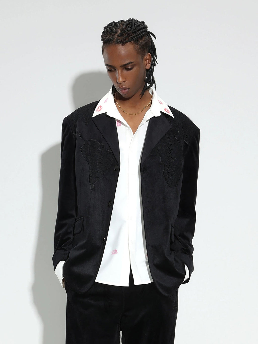 BLACK BLAZER WITH DECORATIVE TRIM - LOGO VELVET SUIT